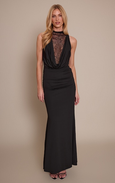 Black Soft Lace Panel Cowl Neck Maxi Dress