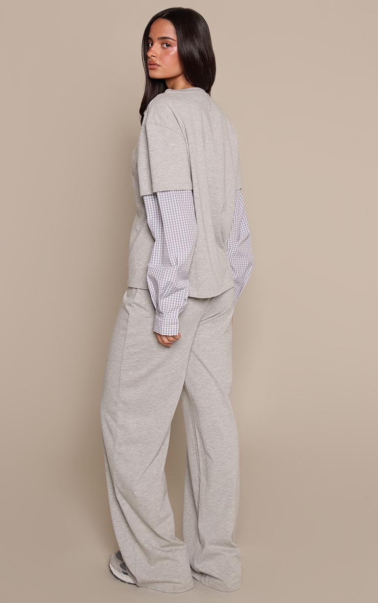 Grey  Cotton Checked Waistband Detail Jersey Wide Leg Trouser image 3