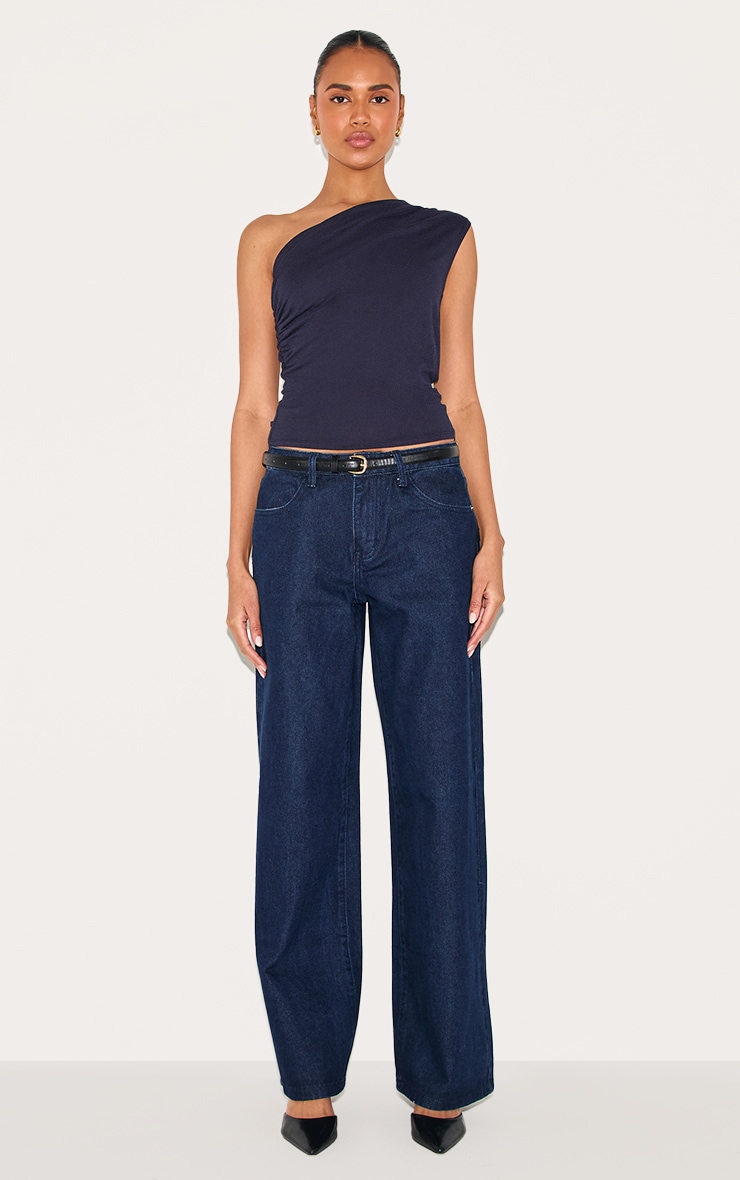 Top long asymétrique en coton doux bleu marine à épaule unique image 3