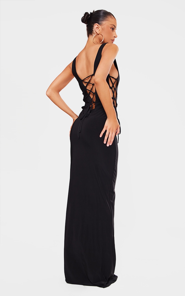 Petite Black Double Layer Lace Up Detail Maxi Dress image 2