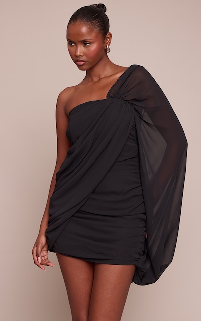 Black Chiffon Ruched One Sleeve Mini Dress
