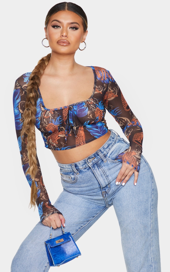 Black Mesh Tiger Oriental Tie Front Long Sleeve Crop Top