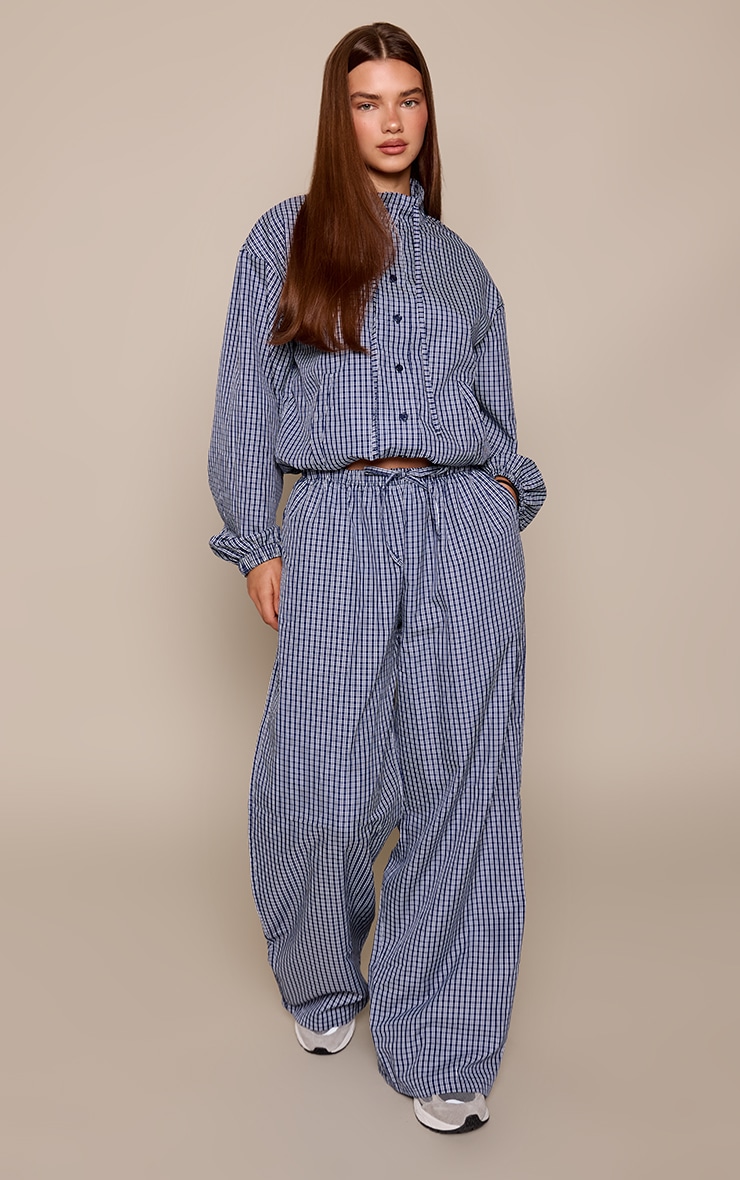 Navy Checked Print Drawstring Wide Leg Trouser image 1