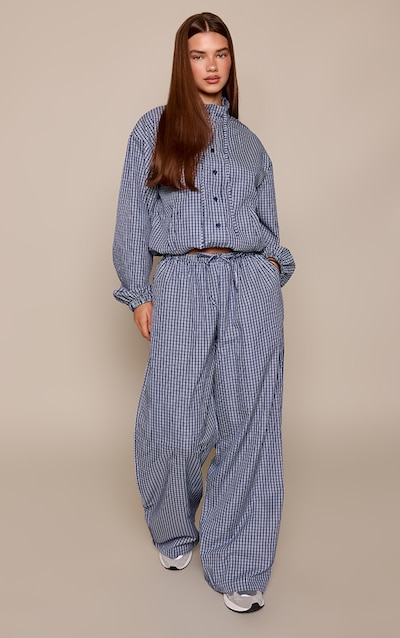 Navy Checked Print Drawstring Wide Leg Pant