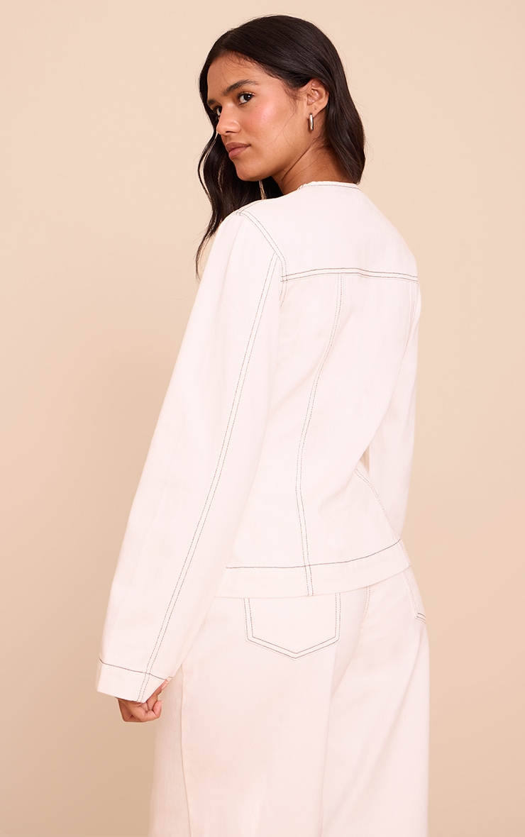 White Contrast Stitch Cinched Long Sleeve Denim Jacket image 2
