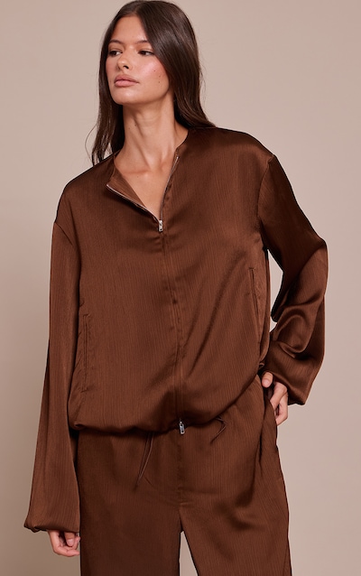 Dark Brown Textured Satin High Neck Jacket