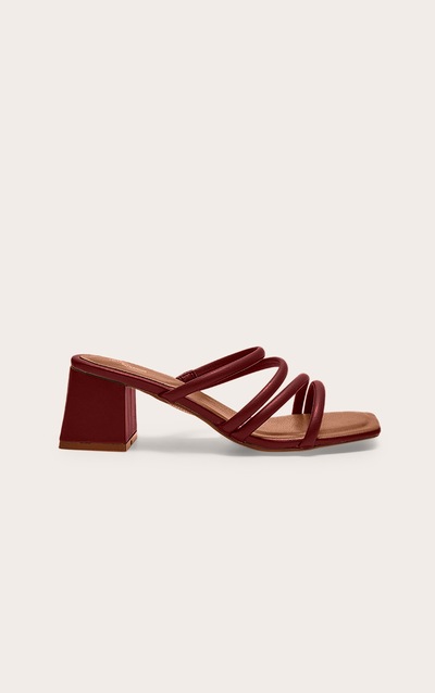 Burgundy Pu Square Toe Strappy Block Heel Mules