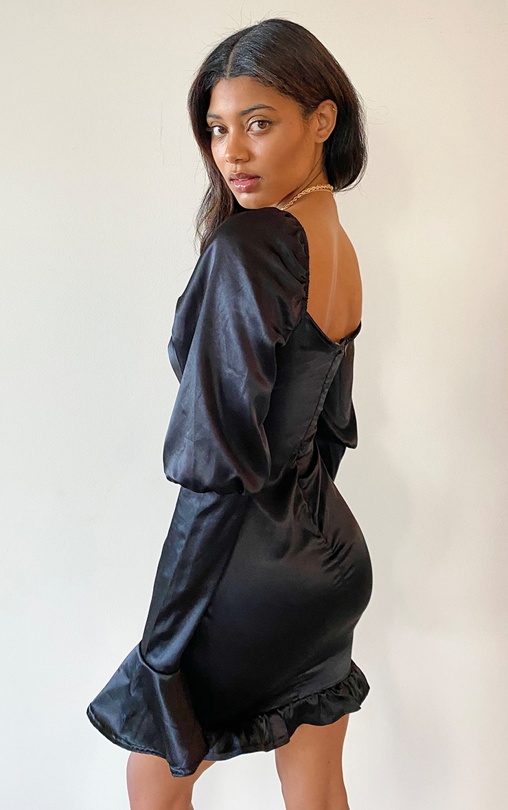 Tall Black Tie Front Puff Sleeve Satin Dress image 2
