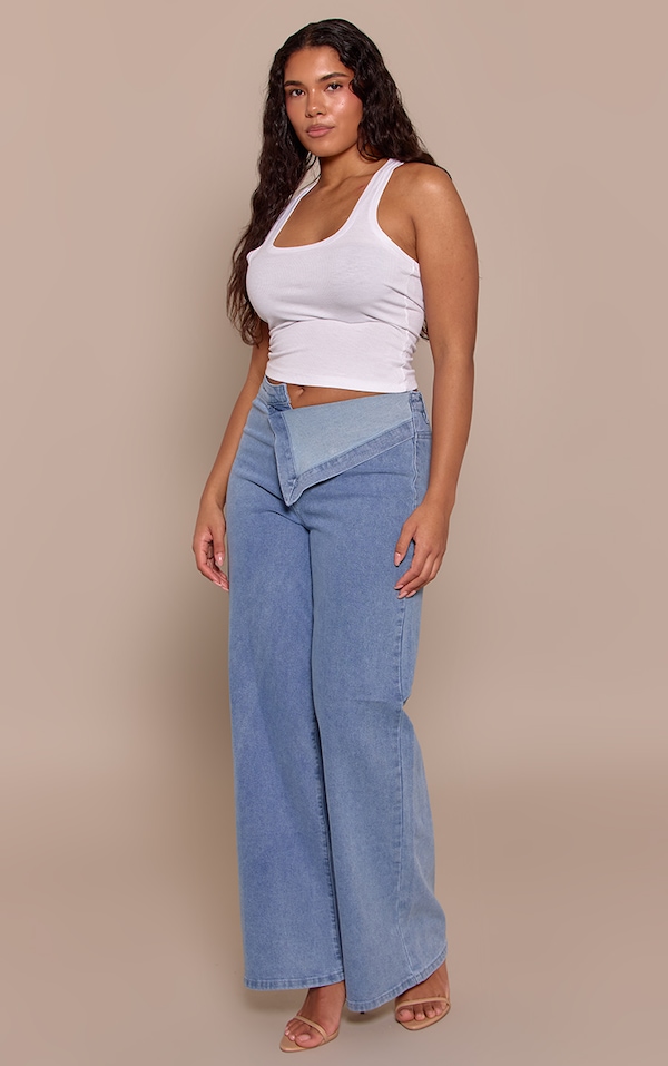 Shape Light Blue Wash Stretch Foldover Waist Wide Leg Jeans