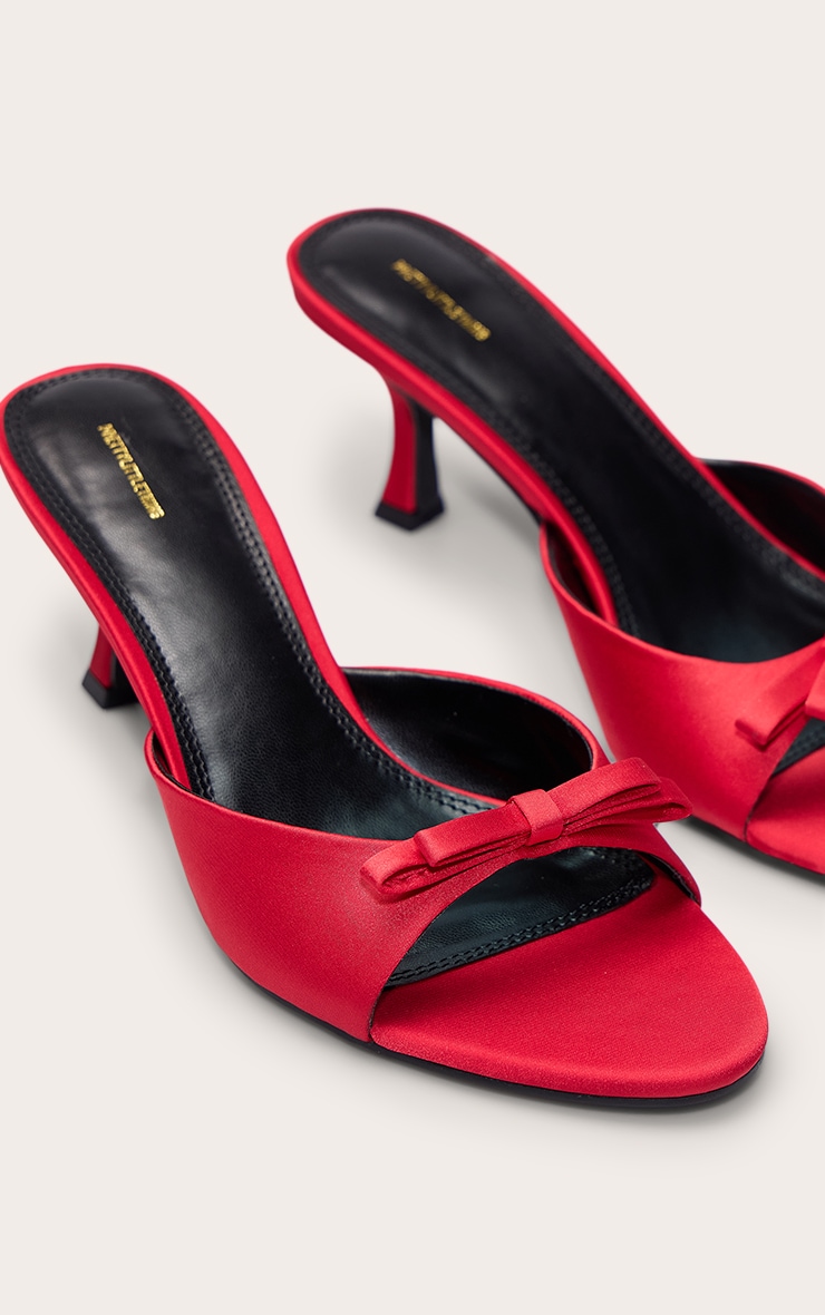 Bright Red Satin Round Toe Bow Strap Low Heel Open Toe Mules image 5