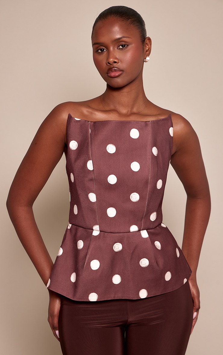 Chocolate Polka Dot Premium Woven Peplum Bandeau Top