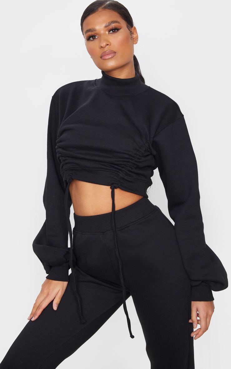 Black Ruched Tie Front Crop Sweater