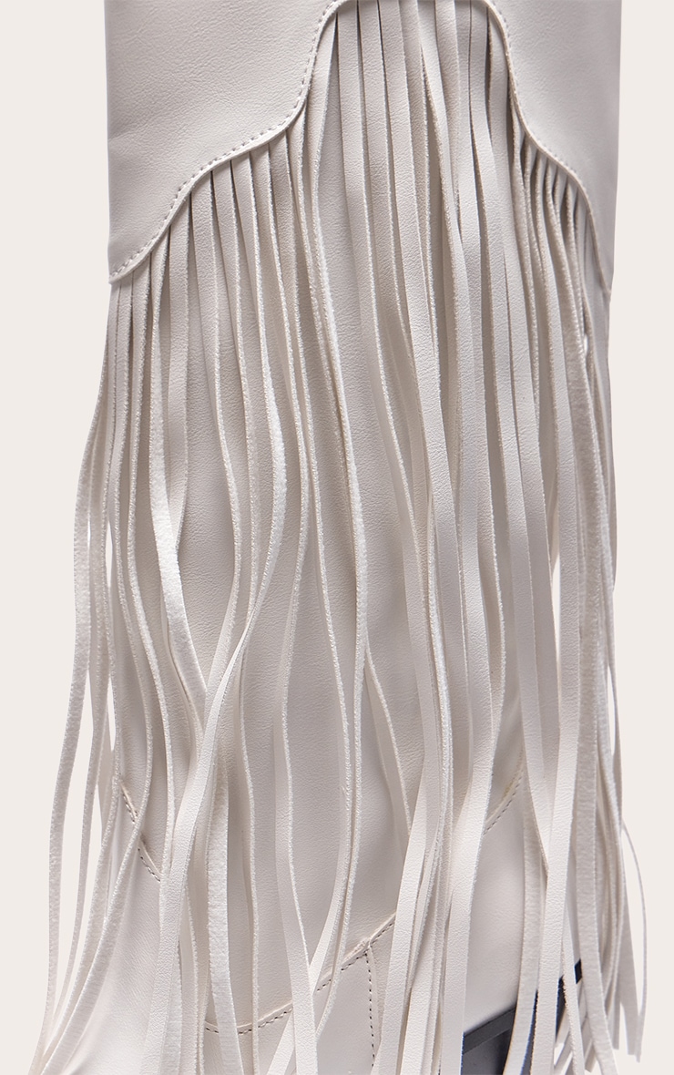 White PU Point Toe Tassel Fringed Block Heel Knee Western Boots image 4