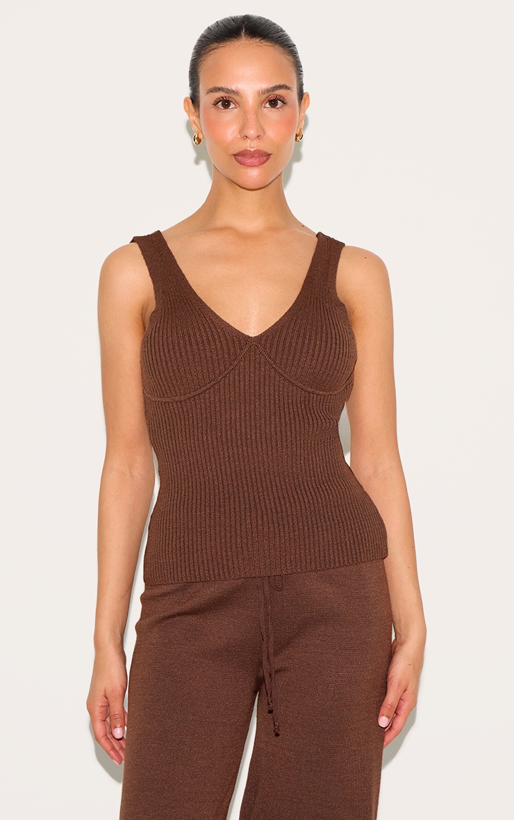 Petite Chocolate Knitted Ribbed Longline Tank Top image 1