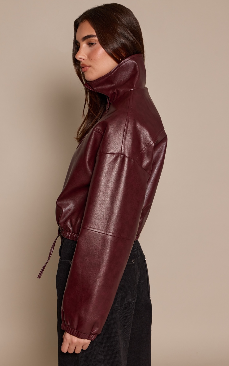 Burgundy PU Bubble Hem Funnel Neck Jacket image 2