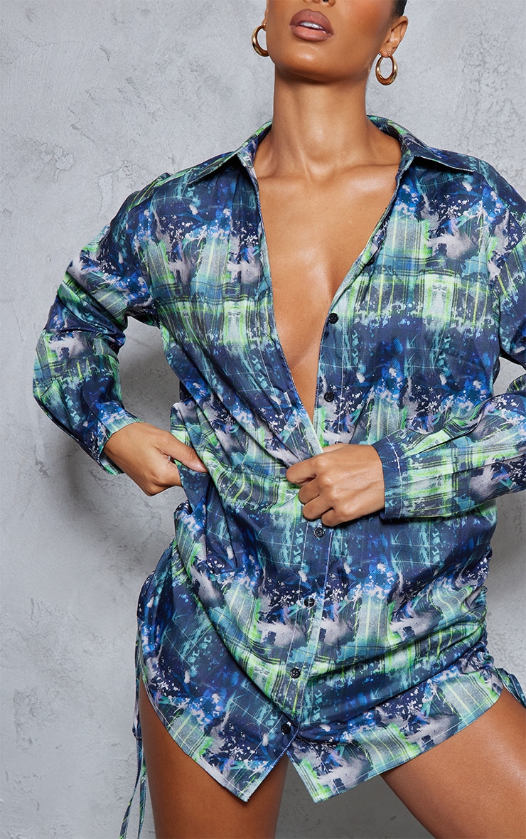 Blue Abstract Print Ruched Tie Side Button Up Shirt Dress image 4