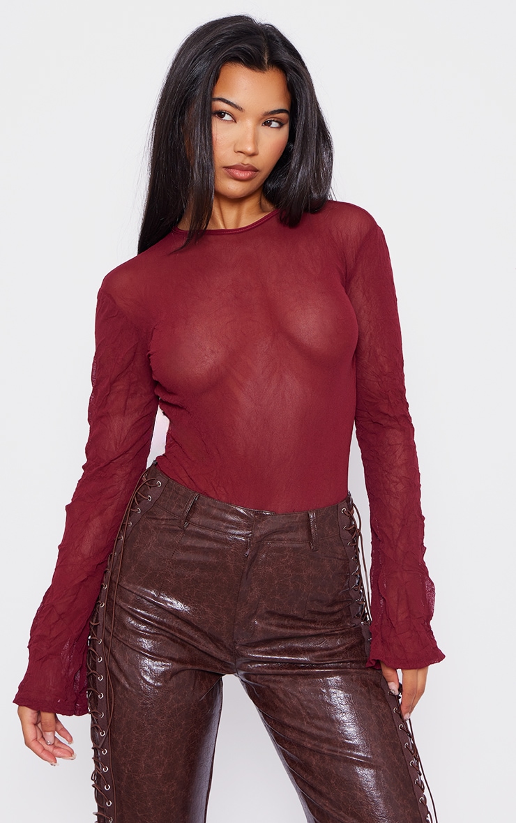 Red Textured Mesh Open Tie Back Detail Bodysuit image 2