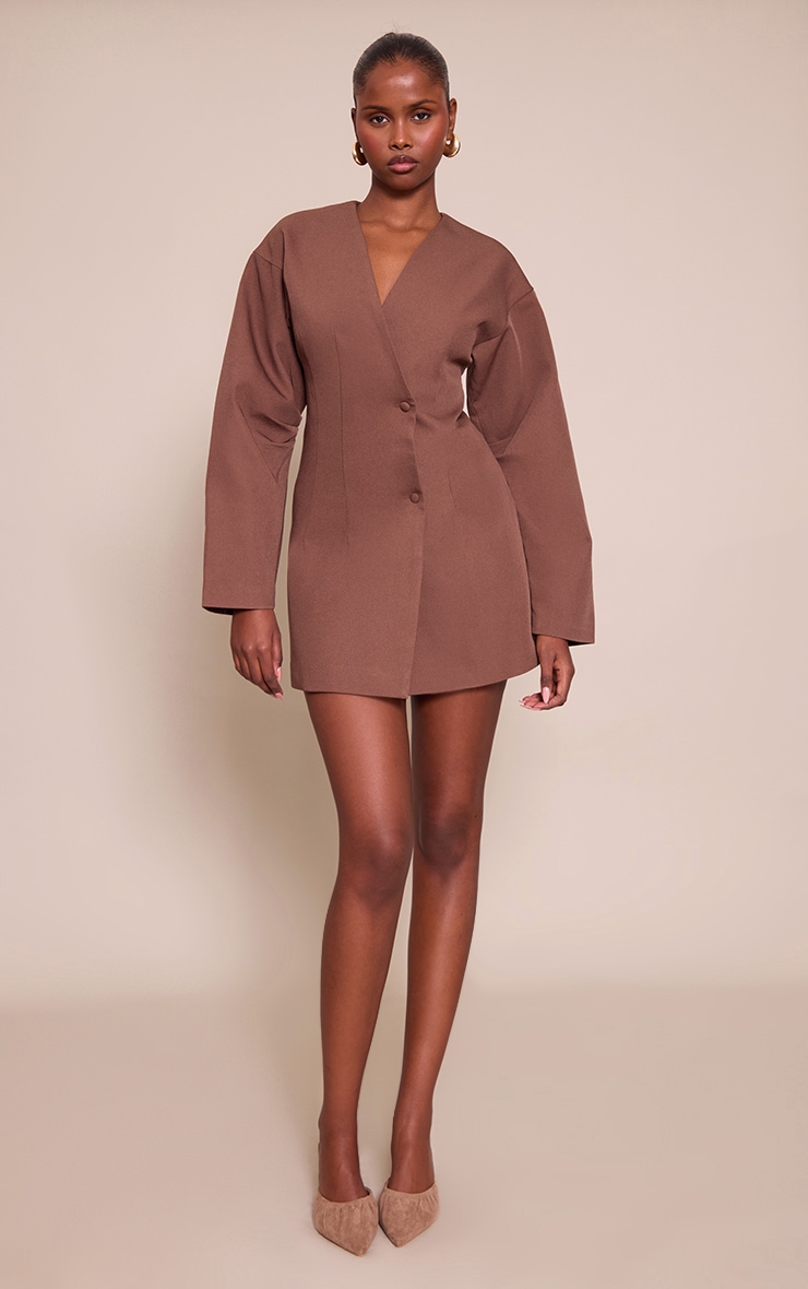 Tan Woven Balloon Sleeve Blazer Dress image 3