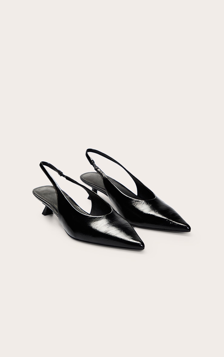 Black Crinkle Pointed Toe Kitten Heel Sling Back image 3