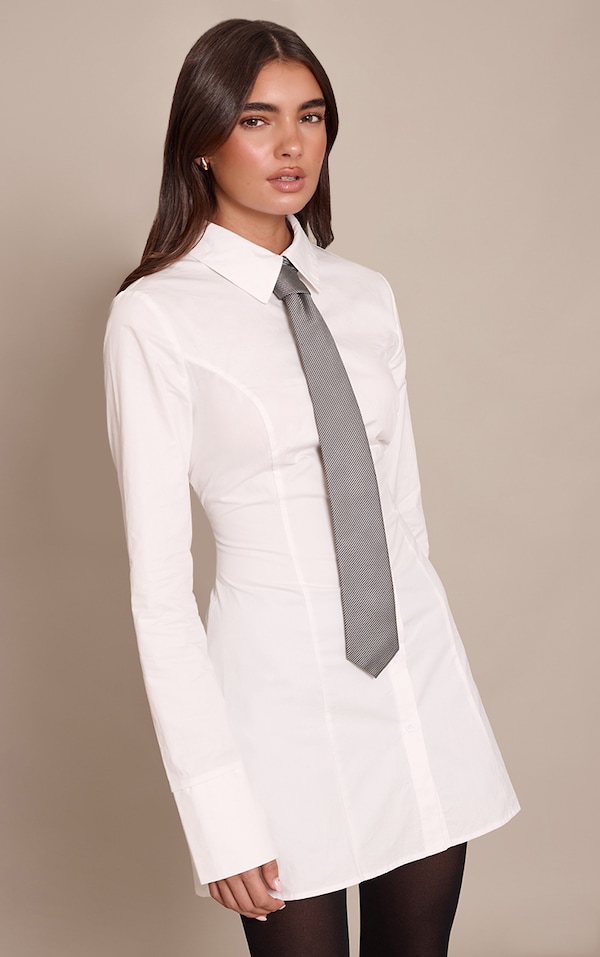 White Cotton Poplin Lace Up Back Shirt Dress