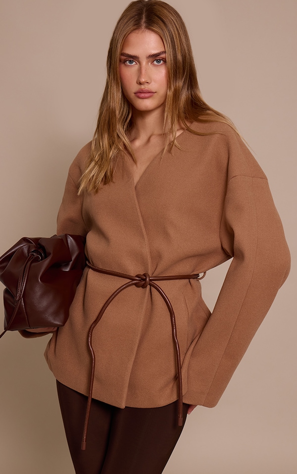 Camel Collarless Wrap Style Tie Waist Wool Look Coat