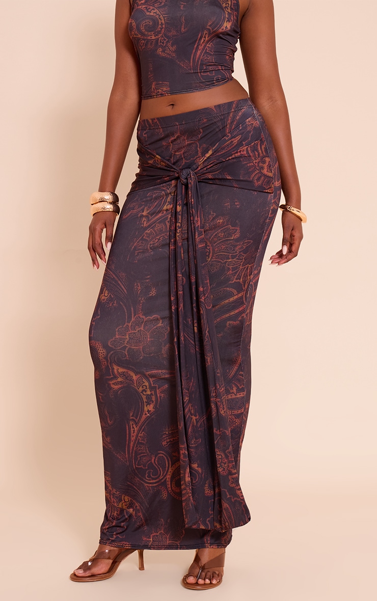Dark Brown Paisley Print Slinky Tie Detail Maxi Skirt image 2