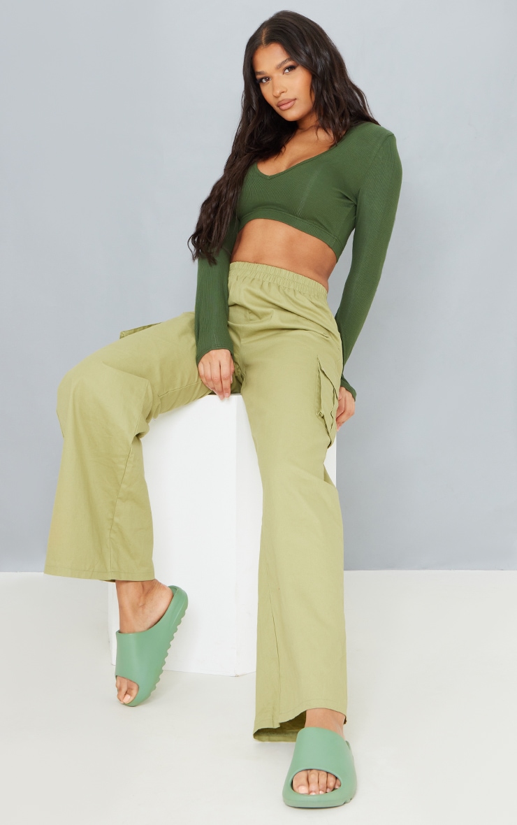 Khaki Soft Rib V Neck Long Sleeve Elastic Hem Crop Top image 3