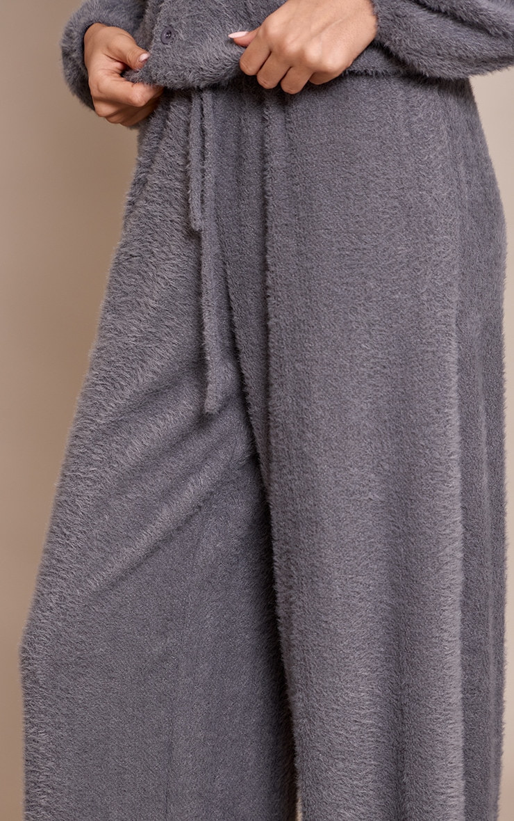 Grey Textured Wide Leg Drawstring Pants image 4