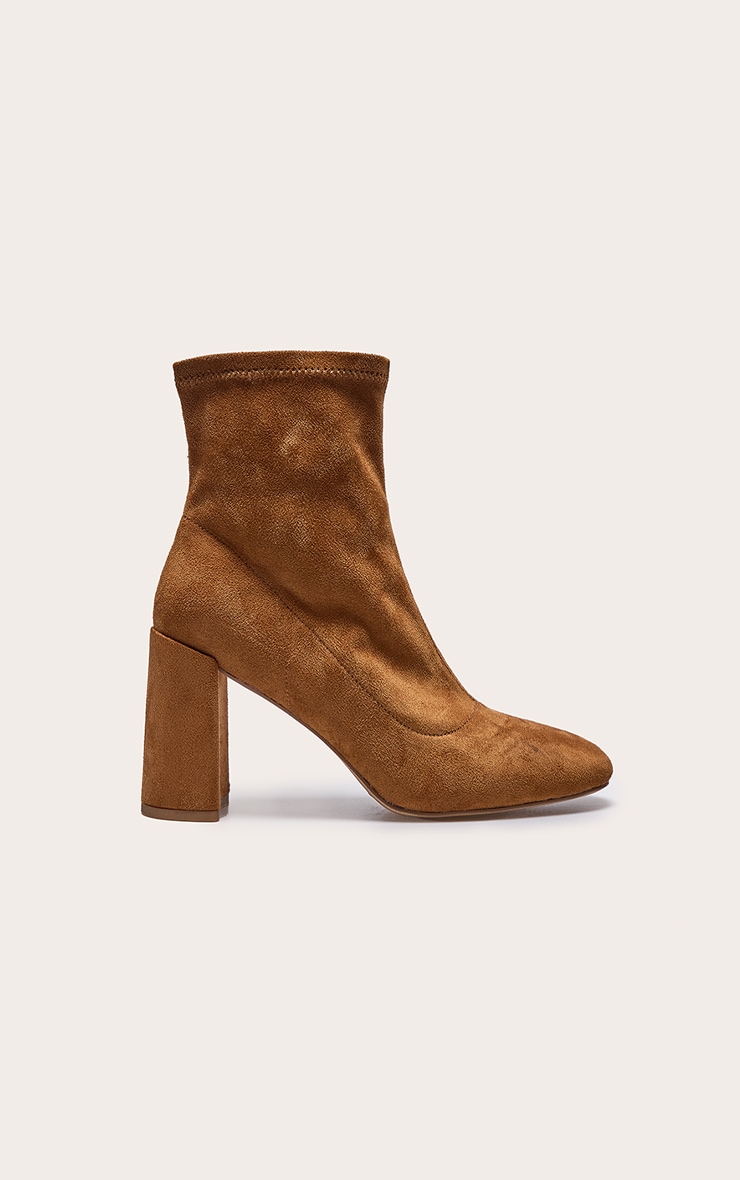 Tan Faux Suede Round Toe Heeled Ankle Sock Boots