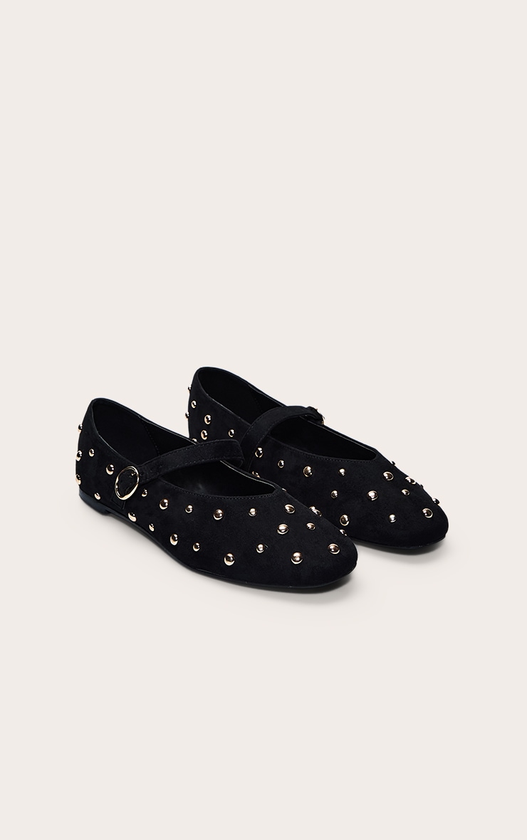 Black Faux Suede Gold Studded Ballet Pump image 3