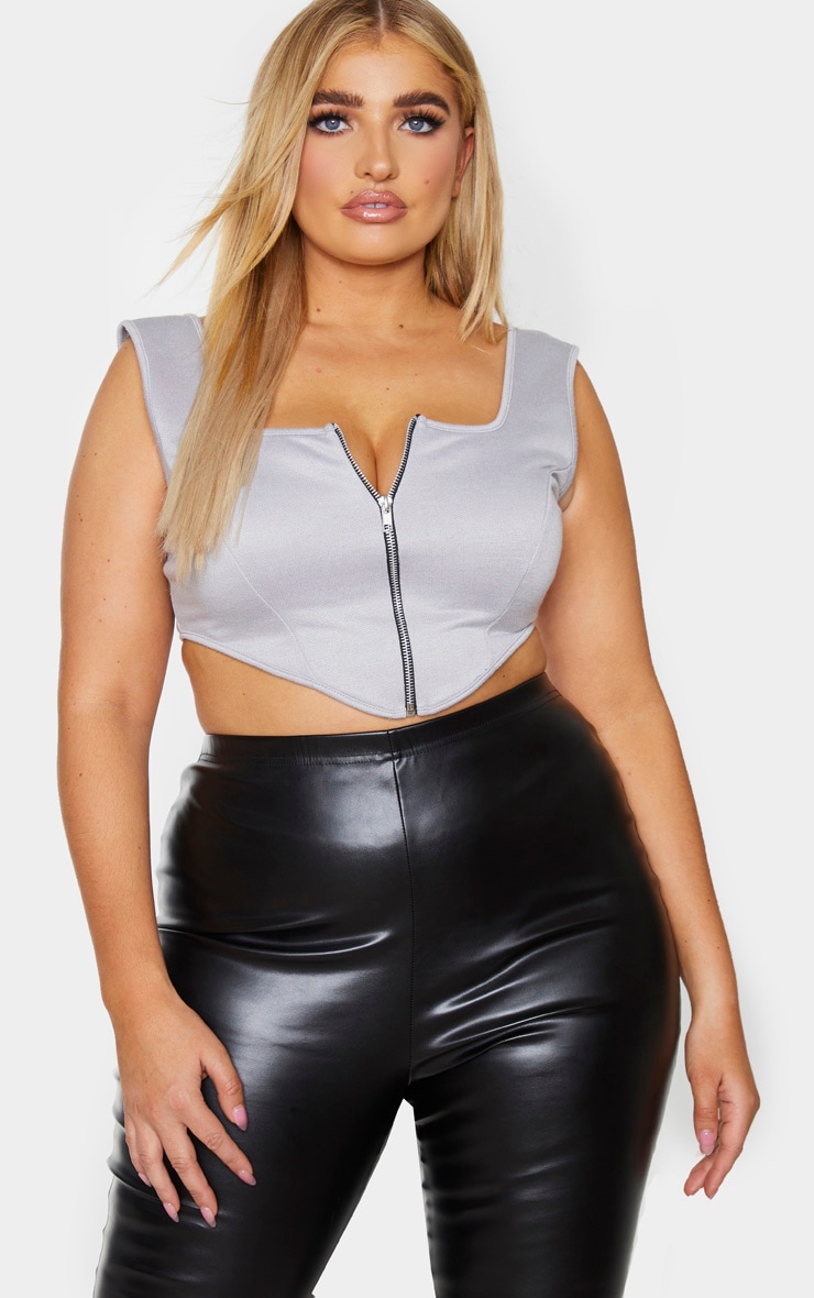 PLT Plus - Crop top en sweat gris à zip frontal