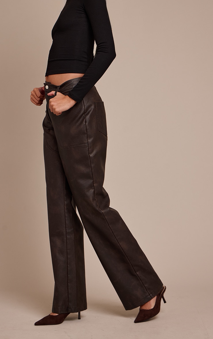 Dark Chocolate Faux Leather Seam Detail Pants image 2