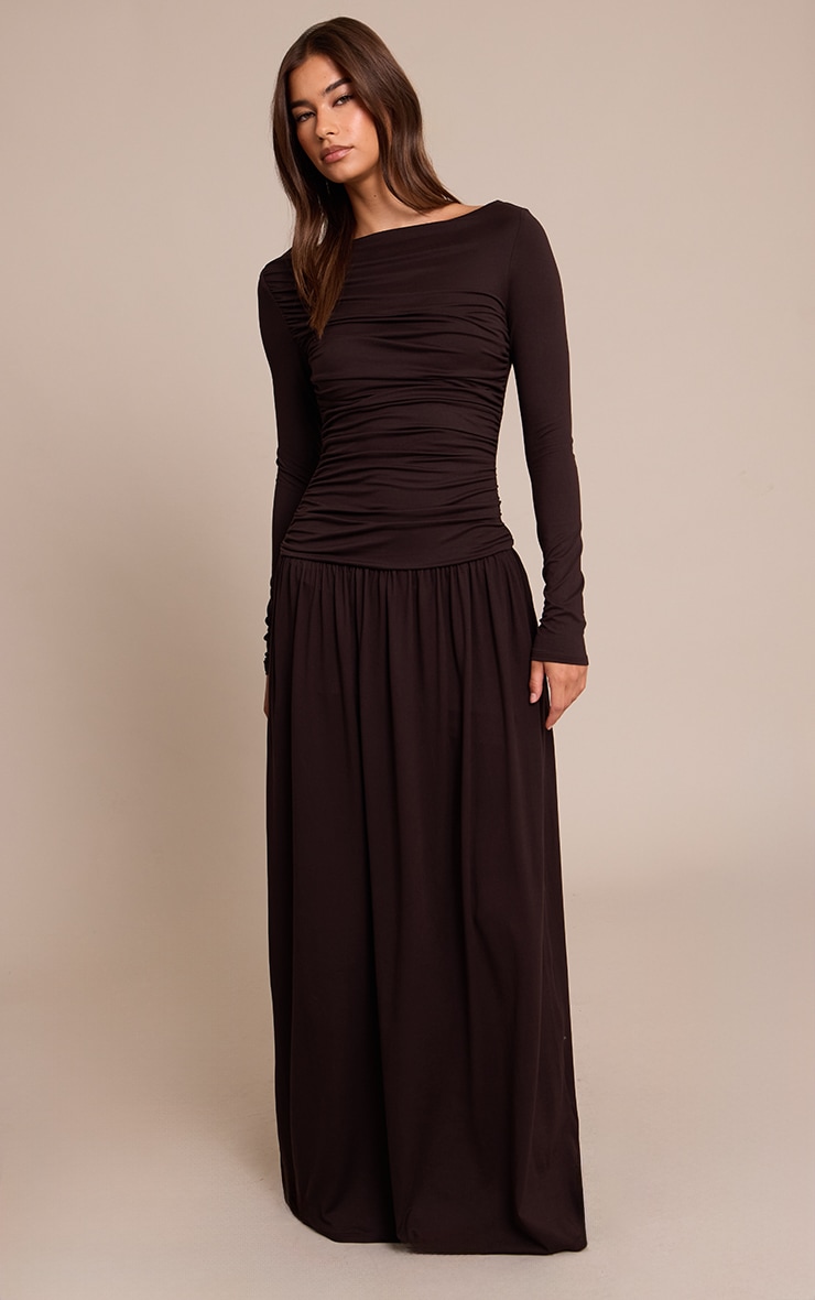 Brown Soft Touch Jersey Ruched Long Sleeve Maxi Dress image 3