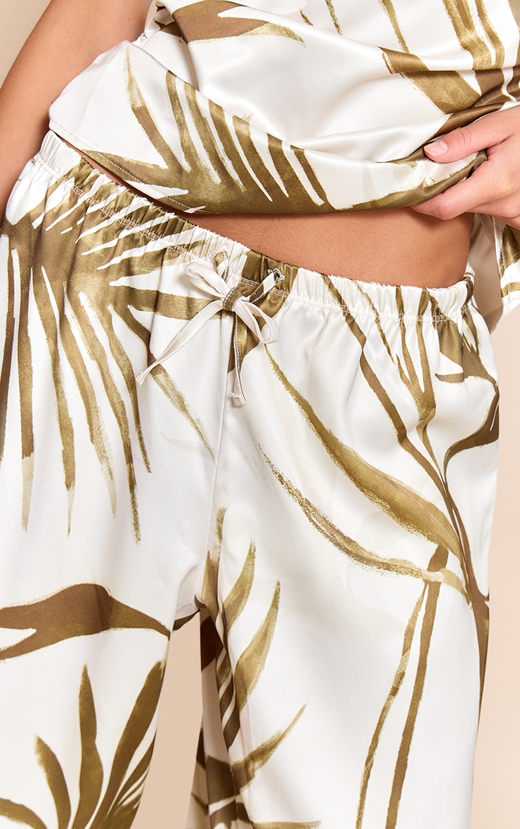 Green Leaf Print Satin Wide Leg Pants image 4