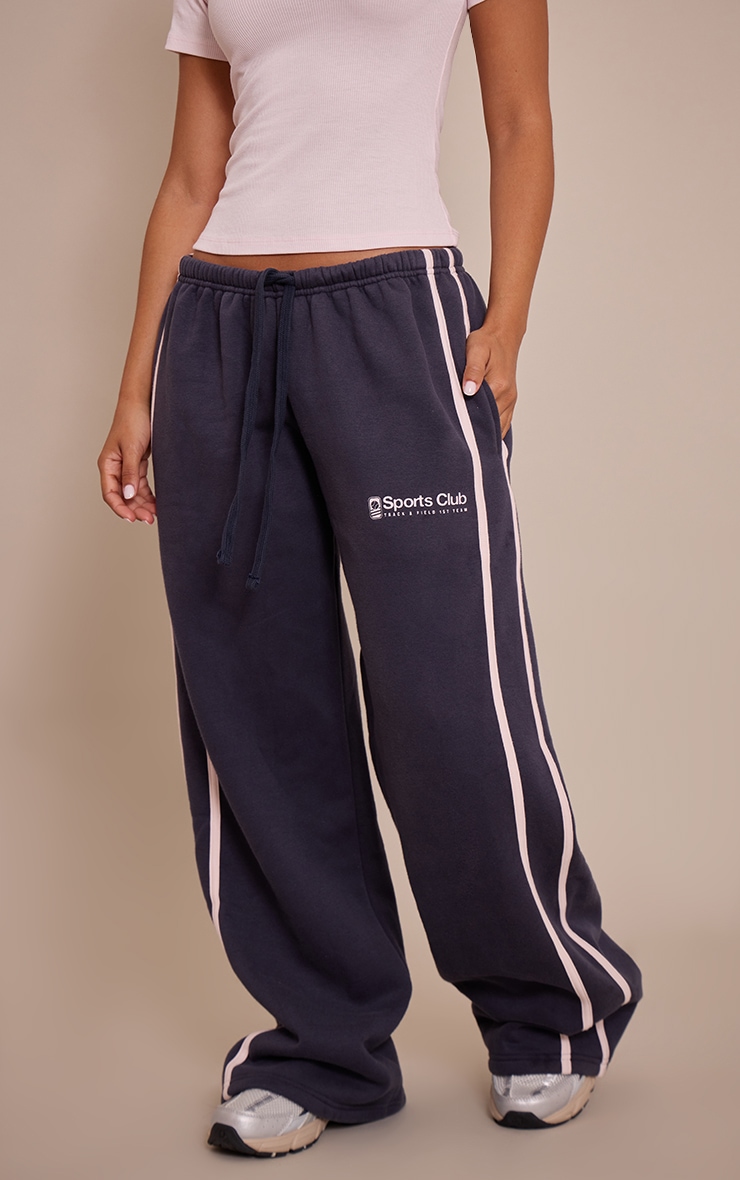 Petite Navy Sports Club Print Wide Leg Track Pants image 2