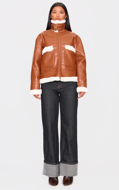 Camel Faux Fur Trim Faux Leather Aviator Jacket