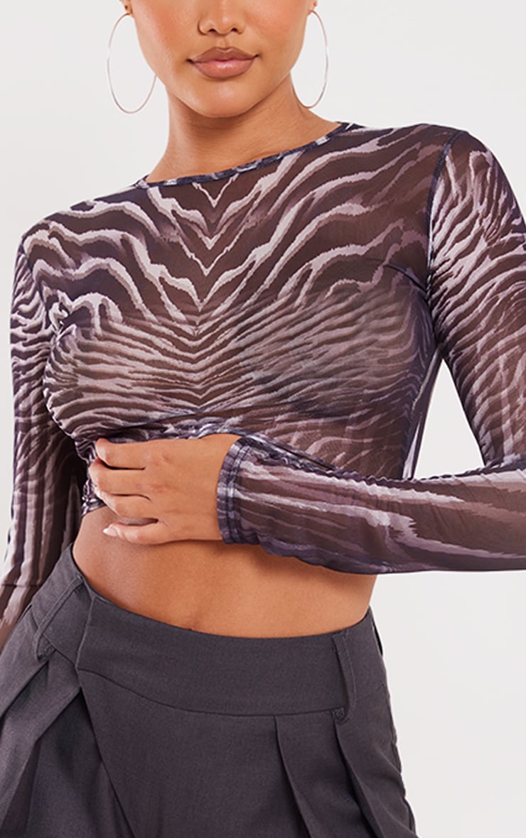 Black Printed Crew Neck Mesh Top image 4