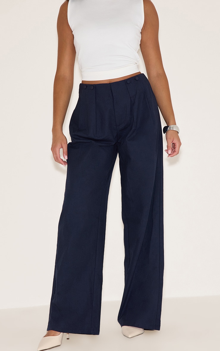 Indigo Blue Button Detail High Waisted Wide Leg Pants image 2