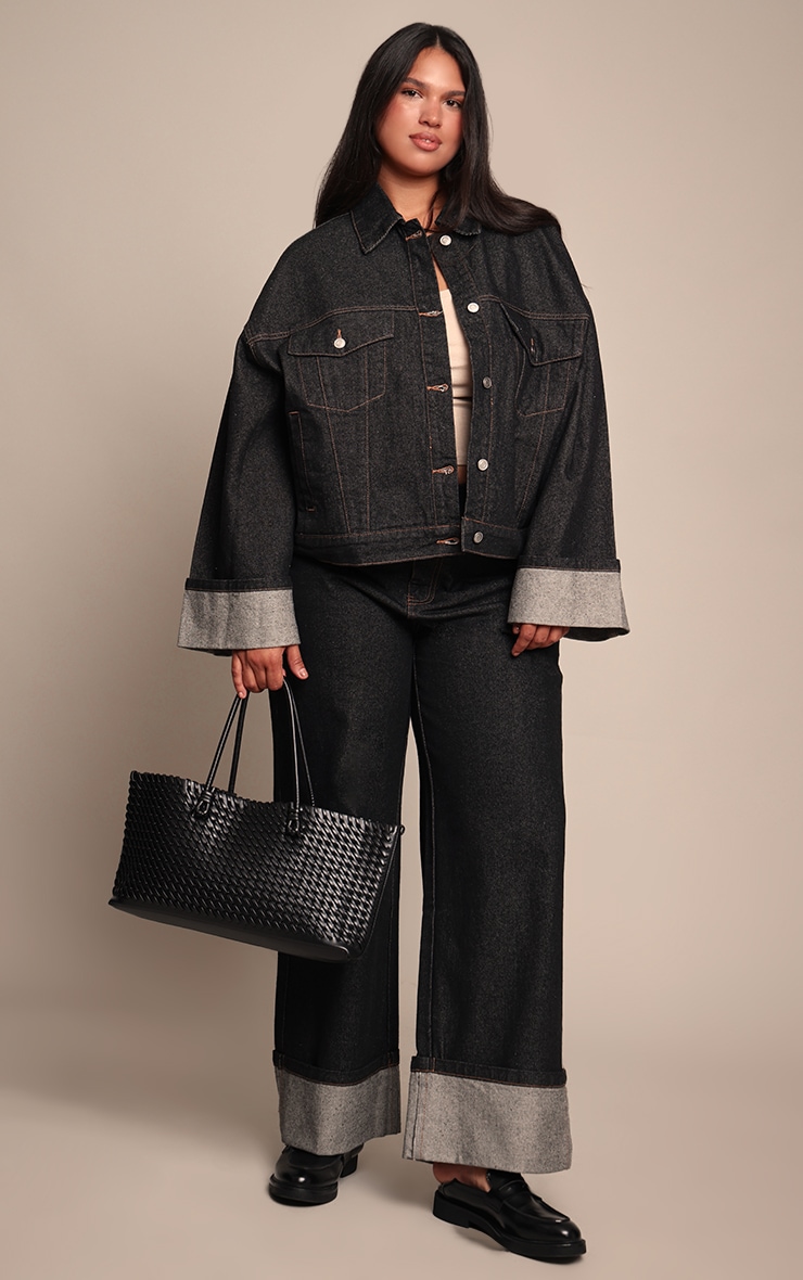 Plus Raw Indigo Wash Turn Up Cuff Contrast Stitch Denim Jacket image 3