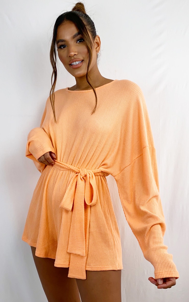 Orange Brushed Rib Oversized Tie Waist Romper