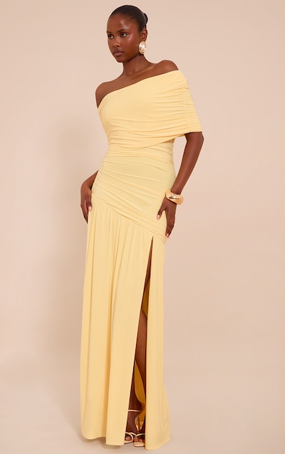 Lemon Double Layer Slinky Bardot One Shoulder Ruched Maxi Dress