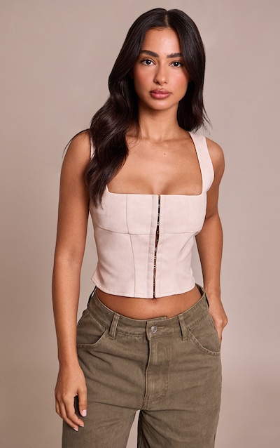 Petite Ecru Fitted Faux Leather Crop Top
