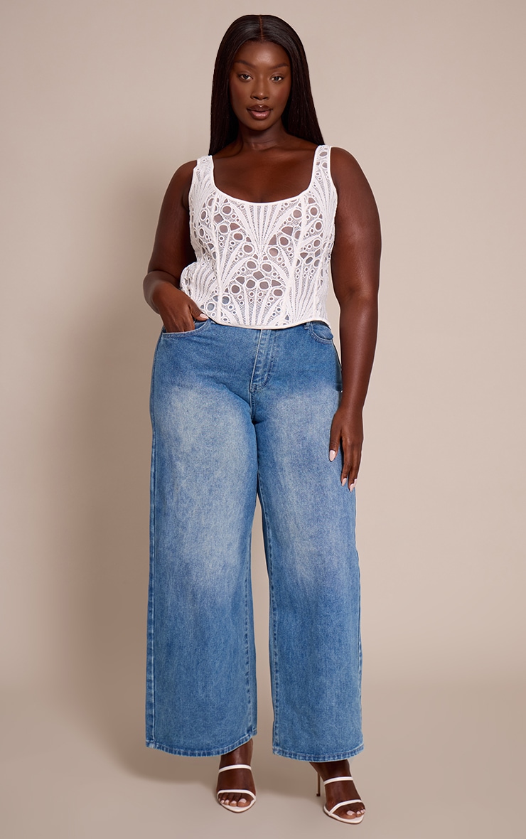 Plus White Textured Sheer Floral Square Neck Corset image 3