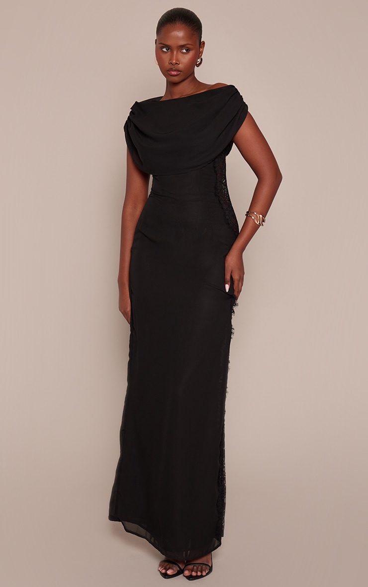 Black Woven Lace Side Detail Maxi Dress image 1