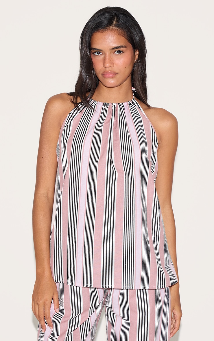 Pink Linen Look Striped Halterneck Top image 1