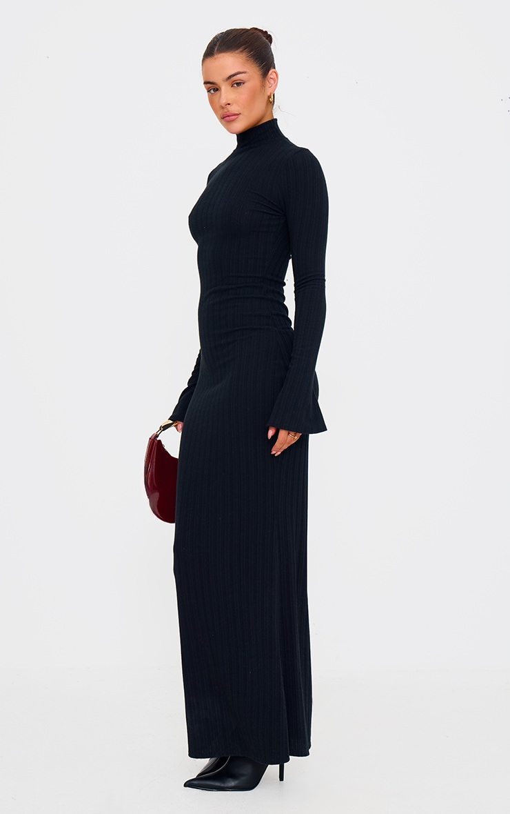Black Rib High Neck Long Sleeve Maxi Dress image 3