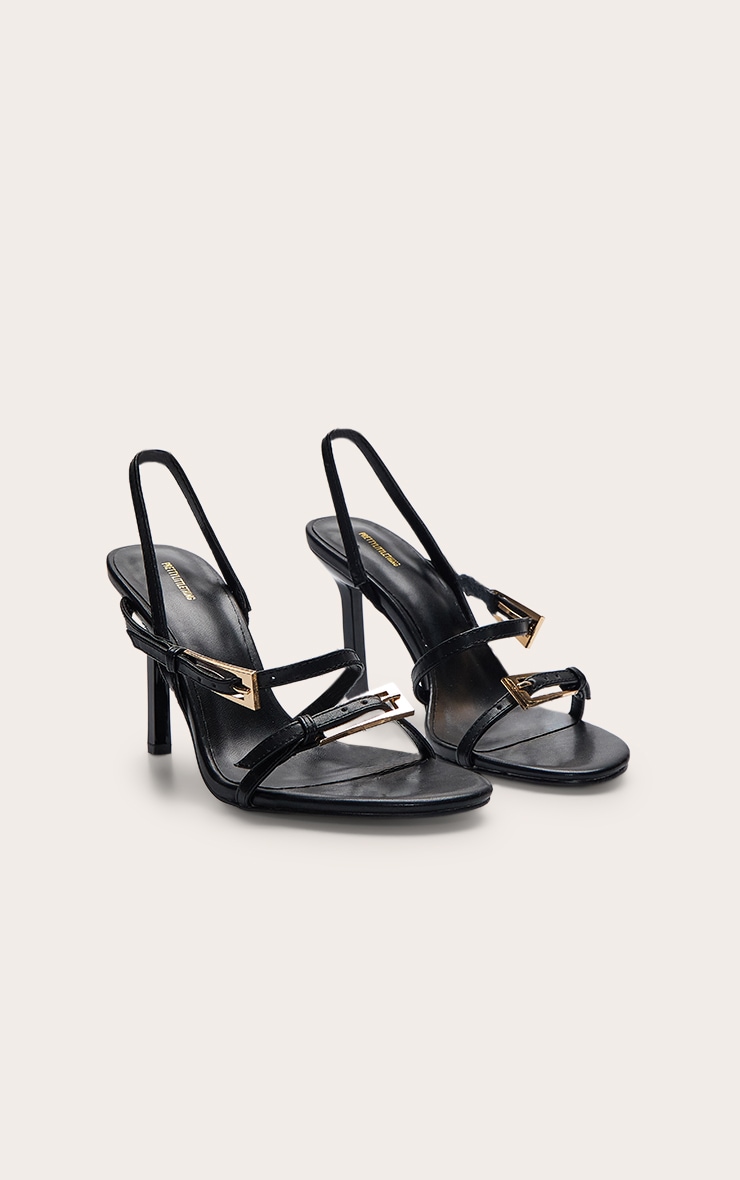 Black Buckle Asymmetric Strap Round Toe Heeled Sandals image 3