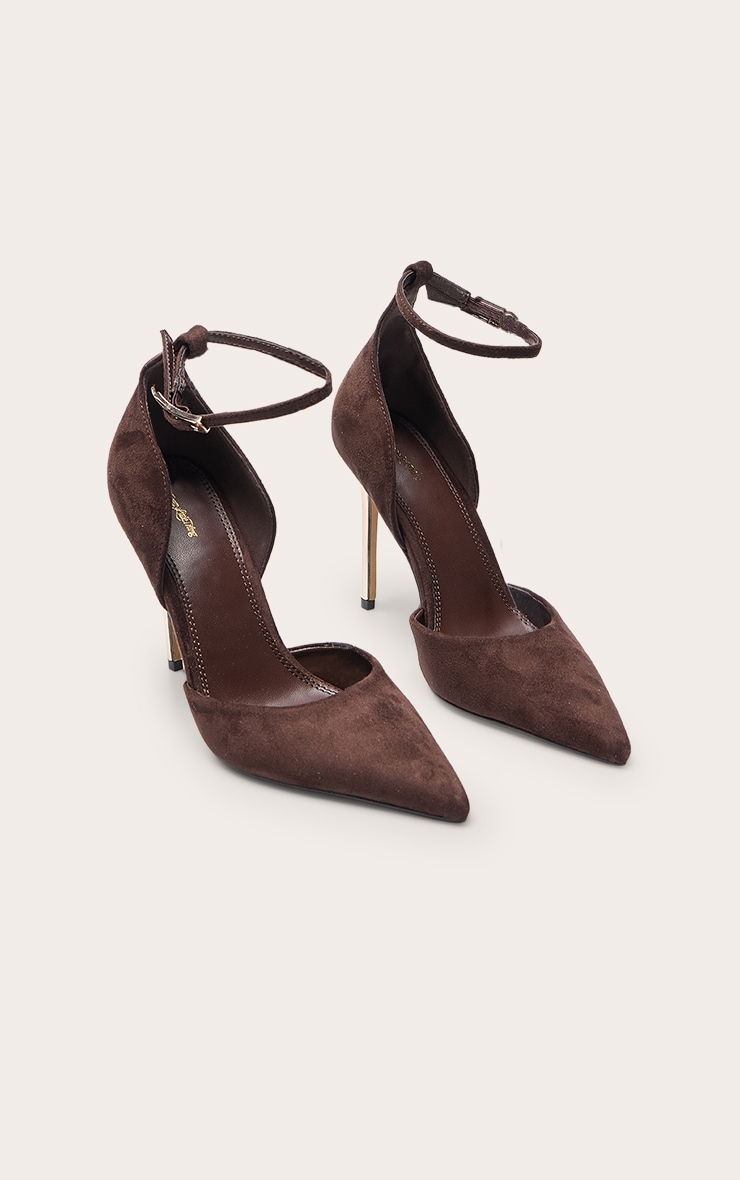 Chocolate Faux Suede Gold Heel Stiletto Court Heels image 3