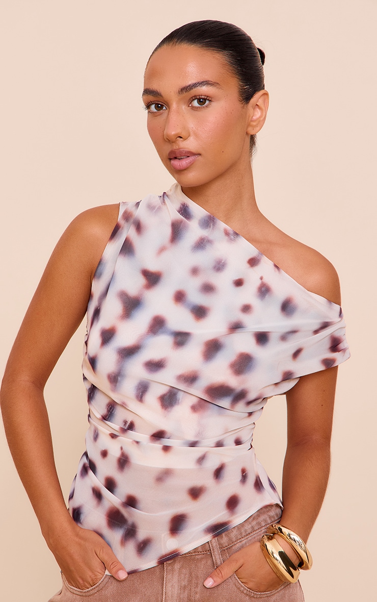 Cream Shell Printed Chiffon Asymmetric Hem Long Top image 3