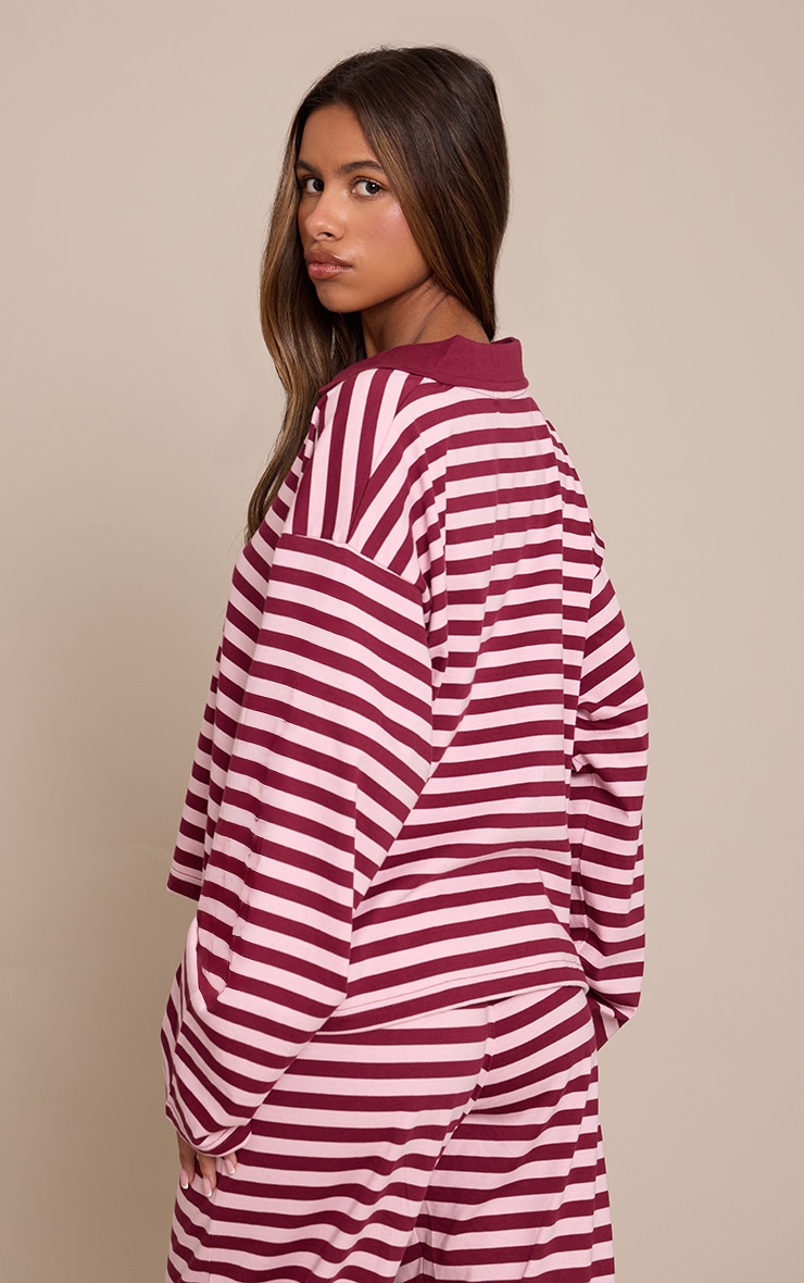 Petite Burgundy Striped Collared V Neck Top image 2